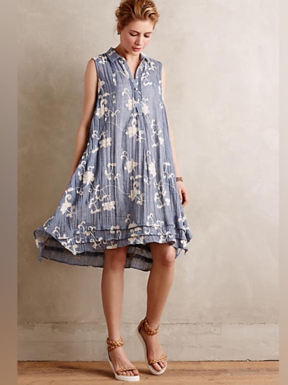 Isabella Sinclair Floral Embroidered Sleeveless Shirt Dress Blue Cream Medium